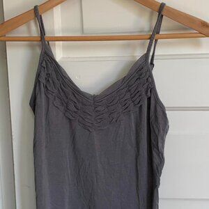 grey tank with ruffle detailing and adjustable straps